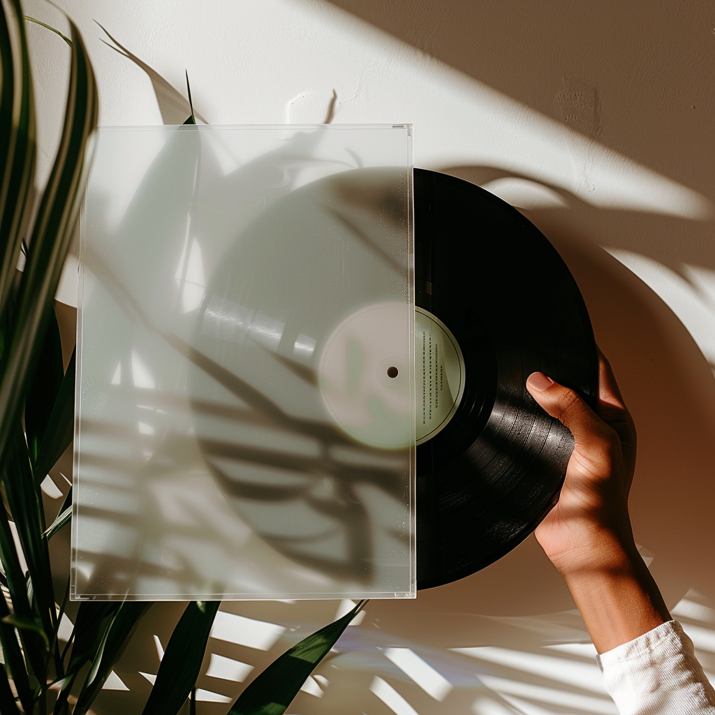 vinyl record sleeve being held in front of a plant
